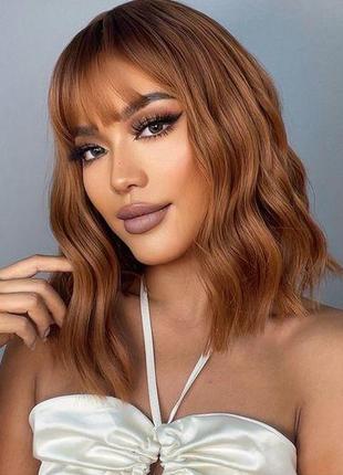 Парик натуральный рыжий удлиненное каре карэ волнистый искусственные волосы накладные...