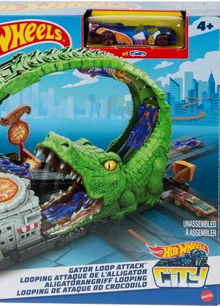 Трек хот вілс з крокодилом hot wheels toy car track set gator loop attack playset in pizza place