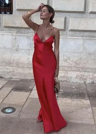 Zara красное длинное шелковое платье, s, m/l
