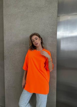 Женская базовая супер яркая стильная качественная оверсайз оранжевая футболка 20241 фото