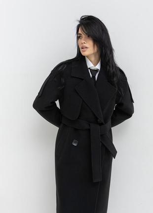 Демисезонное длинное женское черное двубортное пальто с содержанием шерсти4 фото