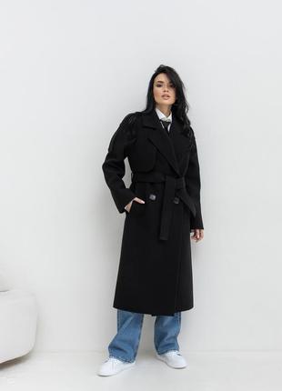 Демисезонное длинное женское черное двубортное пальто с содержанием шерсти9 фото