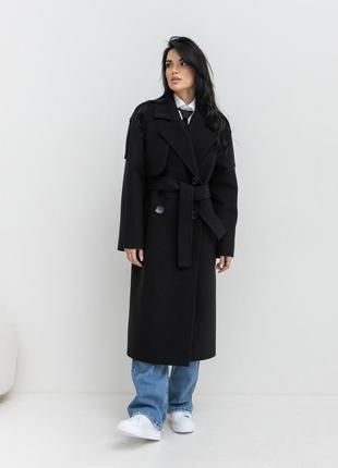 Демисезонное длинное женское черное двубортное пальто с содержанием шерсти1 фото