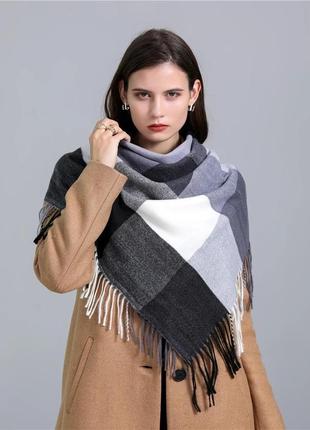 Женский зимний шарф, квадратные накидки, женский теплый клетчатый шарф с кисточками1 фото