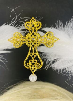 Німб на голову ангела з хрестом готичний з пірʼям білий золото золотий жовтий4 фото
