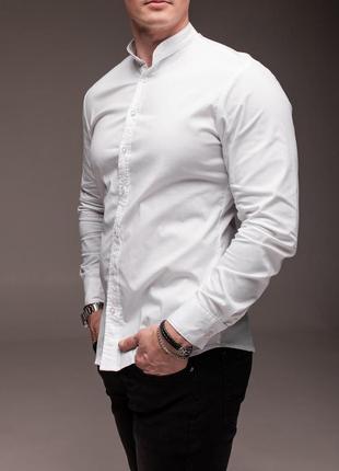 Белая мужская рубашка casual воротник - стойка8 фото