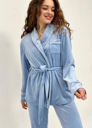 Do2824 блакитний велюровий комплект укорочений халат штани жіноча піжама4 фото
