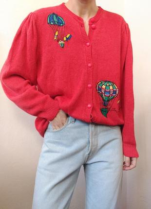 Винтажный кардиган красный свитер с объемными рукахлопья пуловер реглан лонгслив кофта винтаж свитер