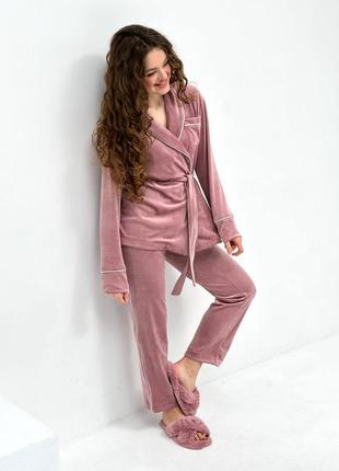 Do2825 велюровый комплект укороченный халат брюки женская пижама