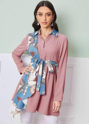 Shein блузка с поясом и вставками с принтом цепочек5 фото