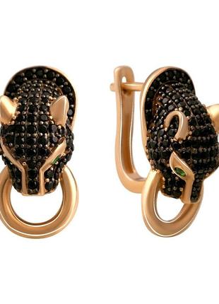 Модные невероятные золотые сережки черные пантеры с камнями фианитами женские серьги в стиле картье