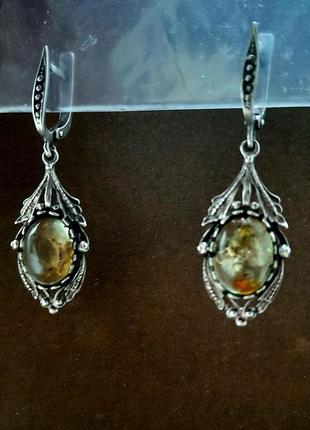Старовинні вінтажні срібні сережки з натуральним пейзажним янтарем скань філігрань зернь7 фото