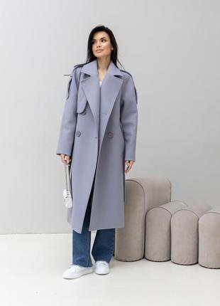 Демісезонне довге жіноче блатитне двобортне пальто з високим вмістом вовни