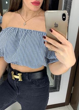 🔥ликвидация товара🔥чудесный синий топ в клетку/клетчатый топ на резинке открытые плечи🔥