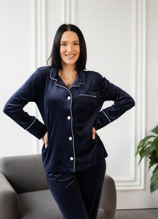 Домашній костюм піжама жіноча велюр сорочка і штани синій brand