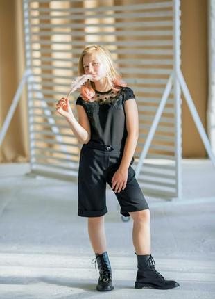 Шорты бермуды удлиненные школьные черные с высокой талией девочке рост 134-176