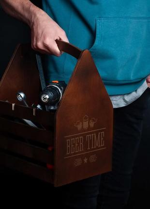 Ящик для пива "beer time" для 6 бутылок, коричневий, brown, англійська2 фото