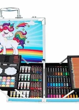 Детский набор для рисования и творчества в двухъярусном чемоданчике единорог 145 предметов голубой