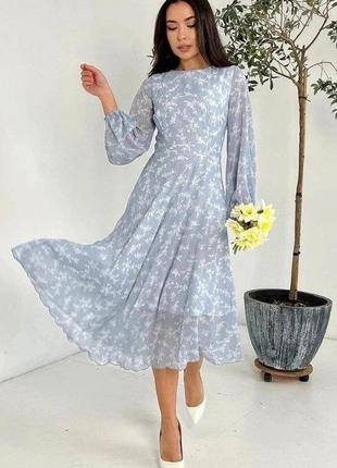 Жіноча шифонова сукня приталеного крою міді з дрібним квітковим принтом розміри s, m, l, xl
