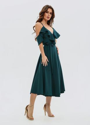 Зеленое платье на запах с воланами, платье миди, жіноче плаття міді, шикарна сукня2 фото