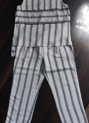Вискозный натуральный летний брючный костюм в пижамном стиле в полоску