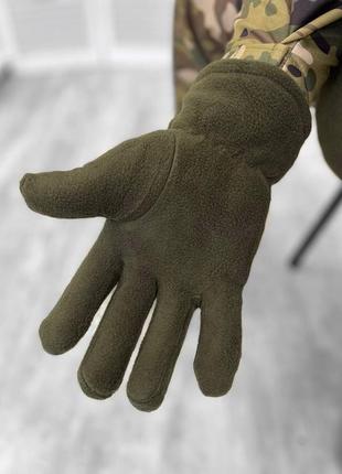 Флисовые двойные перчатки олива. теплые зимние рукавицы мужские флисовые