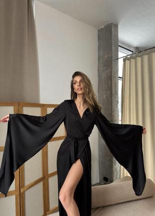 Шовковий довгий жіночий халат грета на запах тканина шовк армані красивий довгий домашній халат колір чорний4 фото