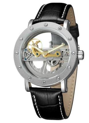 Женские механические часы с кожаным ремешком - forsining air silver ii