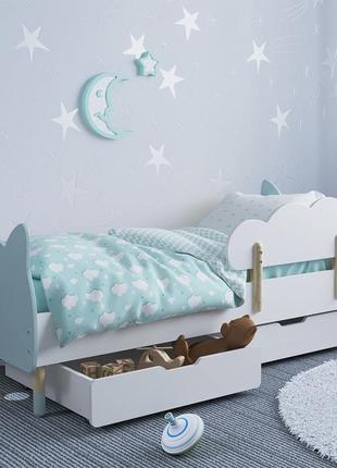Детская кровать (котик) цвет голубой с бортиком и ящиками