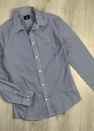 Рубашка синяя базовая в мелкую полоску зауженная slim fit