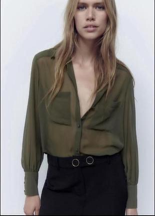 Полупрозрачная рубашка  zara с накладными карманами