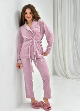 Do2826 розовый велюровый комплект укороченный халат брюки женская пижама4 фото