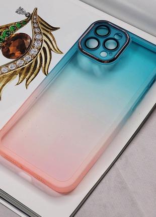 Чехол градиент для iphone 12 pro. голубой и персиковый с защитой камеры