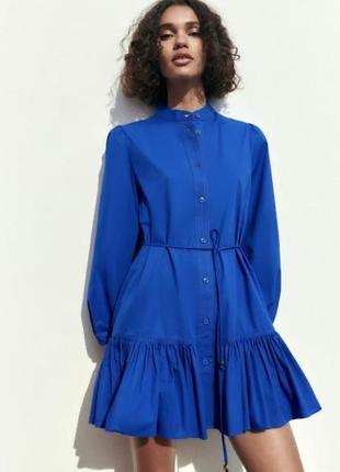 Щелое красивое платье из хлопка zara с поясом цвет насыщено синий3 фото