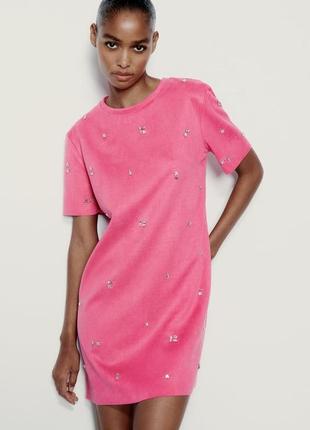 Женское розовое короткое платье со стразами зара zara 5070/6473 фото