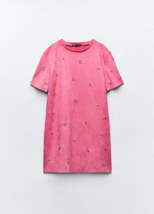Женское розовое короткое платье со стразами зара zara 5070/6477 фото