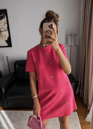 Женское розовое короткое платье со стразами зара zara 5070/647