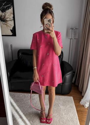 Женское розовое короткое платье со стразами зара zara 5070/6472 фото