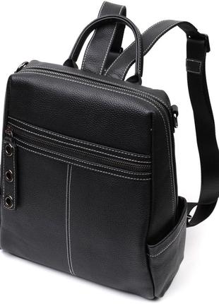 Місткий жіночий рюкзак-сумка прошитий білою строчкою з натуральної шкіри vintage 22314 чорний