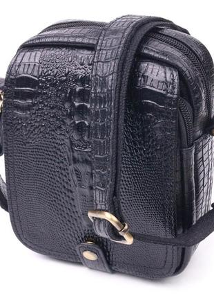 Небольшая мужская сумка из натуральной кожи с фактурой под крокодила 21299 vintage черная