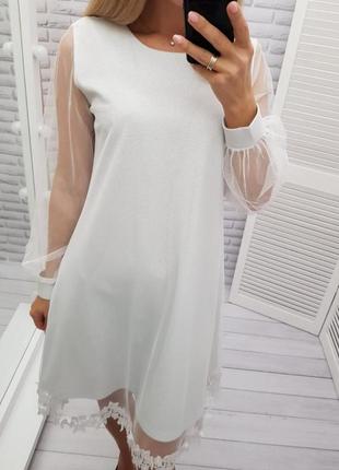 Нарядное платье с кружевом, свободный крой, белый5 фото