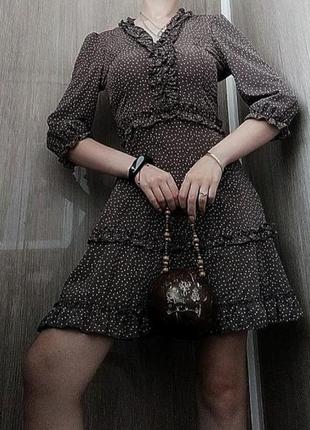 Стильное демисезонное платье в горошек коричневое платье в горох платье принтованное4 фото