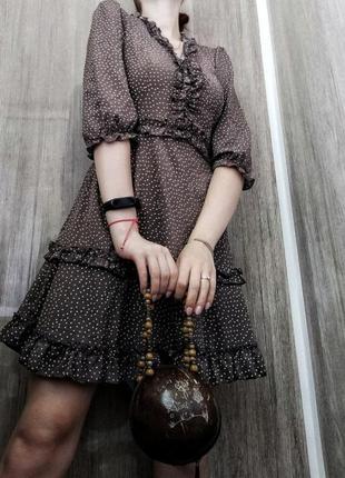 Стильное демисезонное платье в горошек коричневое платье в горох платье принтованное3 фото