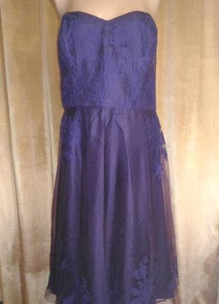 Вечернее платье двухслойное ультрафиолетового цвета с открытыми плечами размер14-16