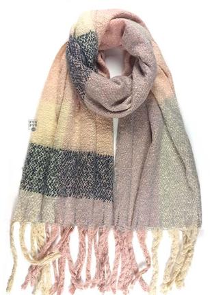 Теплий зимовий шерстяний шарф-плед палантин довгий товстий об'ємний у клітинку