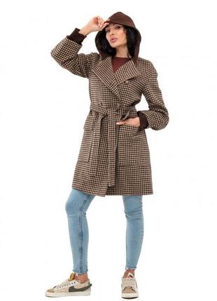 Пальто женское шерстяное, с капюшоном, демисезонное, оверсайз, в клетку,  коричневое бежевое2 фото