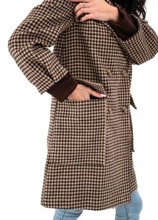 Пальто женское шерстяное, с капюшоном, демисезонное, оверсайз, в клетку,  коричневое бежевое3 фото