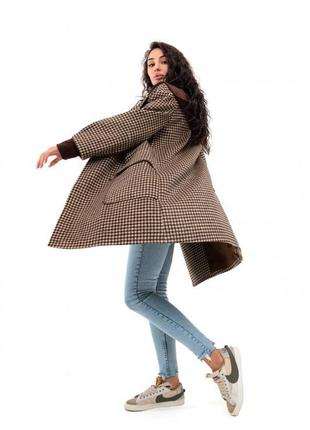 Пальто женское шерстяное, с капюшоном, демисезонное, оверсайз, в клетку,  коричневое бежевое5 фото