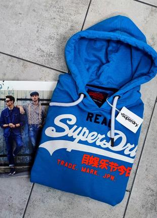 Мужская хлопковая брендовая кофта толстовка superdry  в синем цвете  размер l