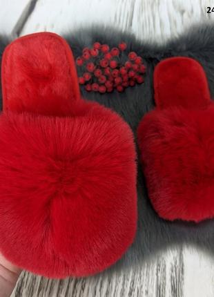 Тапочки меховые женские с отрытым носочком искусственный песец красные 2426-5
